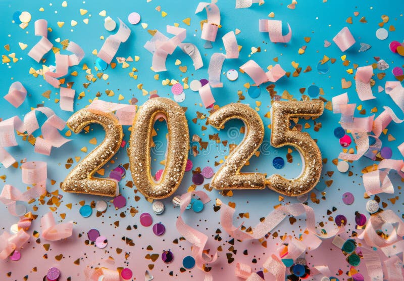 Gold Glitter 2025 Balloons on Blue and Pink Background Stock Photo ...