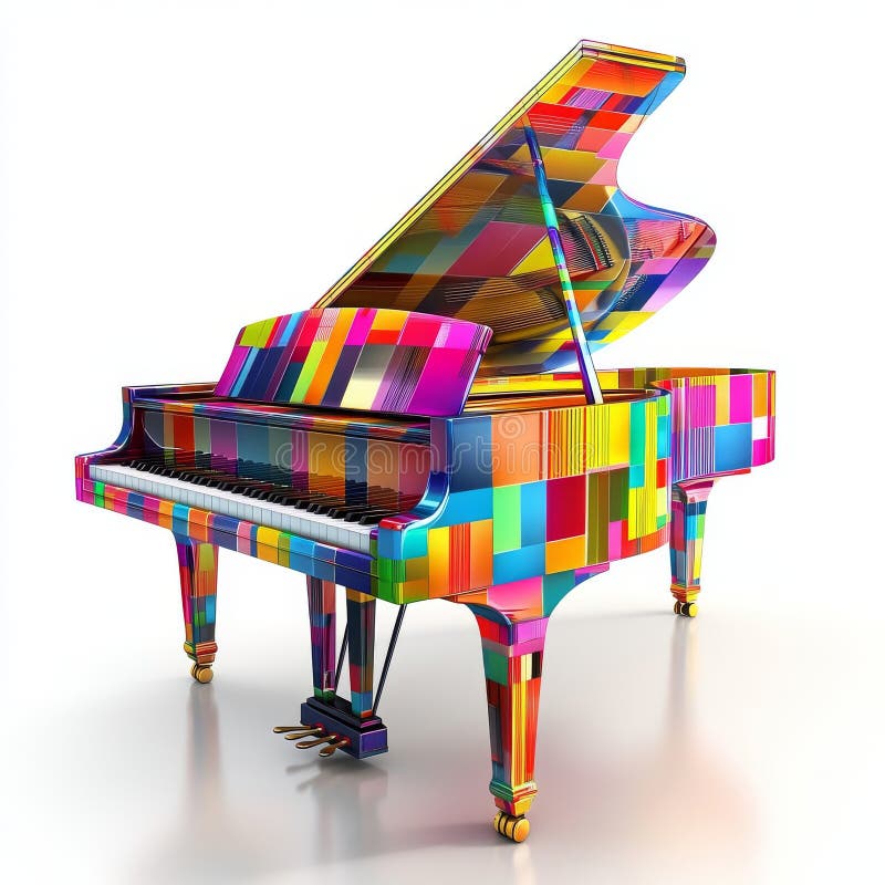 The image shows a grand piano with a case that is colorful, and a piano with a similar colorful appearance is sitting on stock images