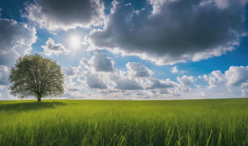 A lone tree stands in a field of green grass under a partly cloudy sky stock photos