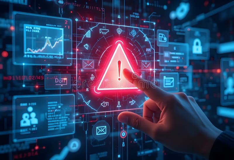 Cybersecurity alert on futuristic interface touch stock illustration