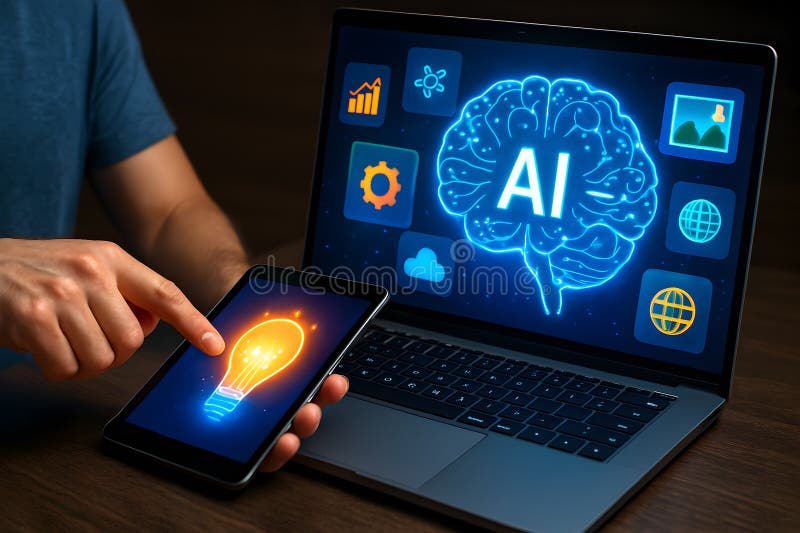 Artificial intelligence ai technology concept on laptop and tablet for digital transformation vector illustration