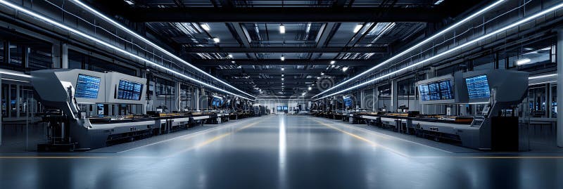 Large, modern industrial space with reflective corridor stock illustration