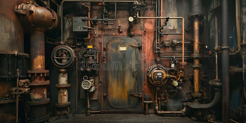 Rusted Metal Door with Pipes and Valves stock illustration