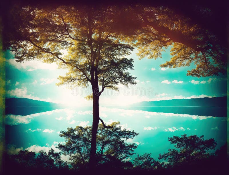 A tree standing alone in the middle of a lake, with the sun shining through the branches. royalty free stock images