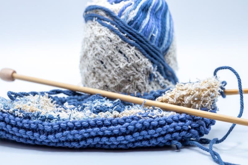 Skein of Blue and White Yarn and Knitted Cloth Stock Image Image of