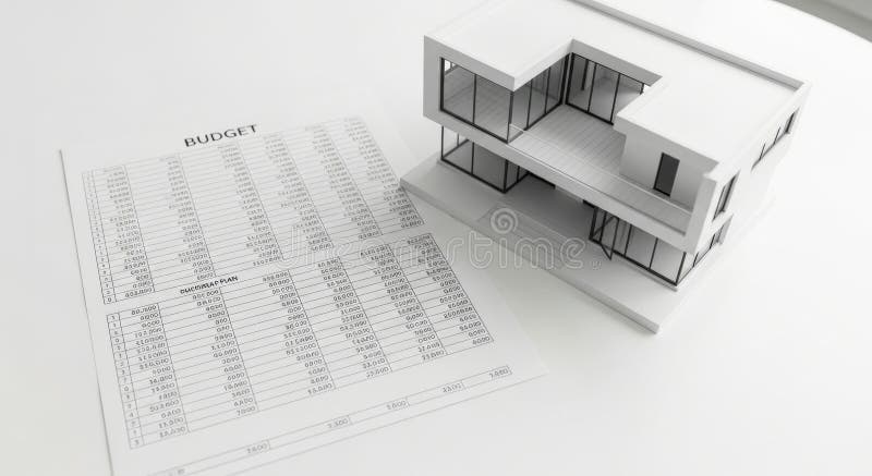 Architectural model and budget plan on white stock illustration
