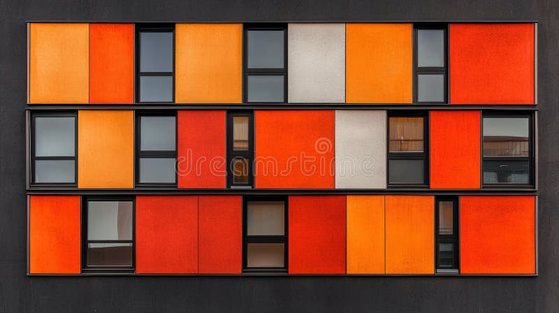 The image shows a modern building with striking facade composed of three horizontal panels each featuring different color orange royalty-vrije stock afbeeldingen