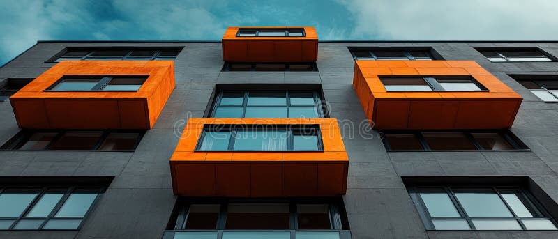 The image shows a modern building with a unique architectural design the building is composed of gray concrete blocks and features stock foto