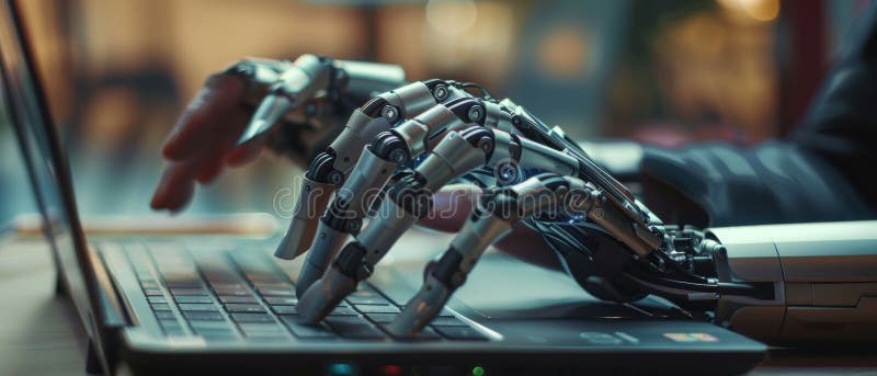 This image shows a person with a disability using a prosthetic arm to work on a laptop computer. The specialist has been stock photography