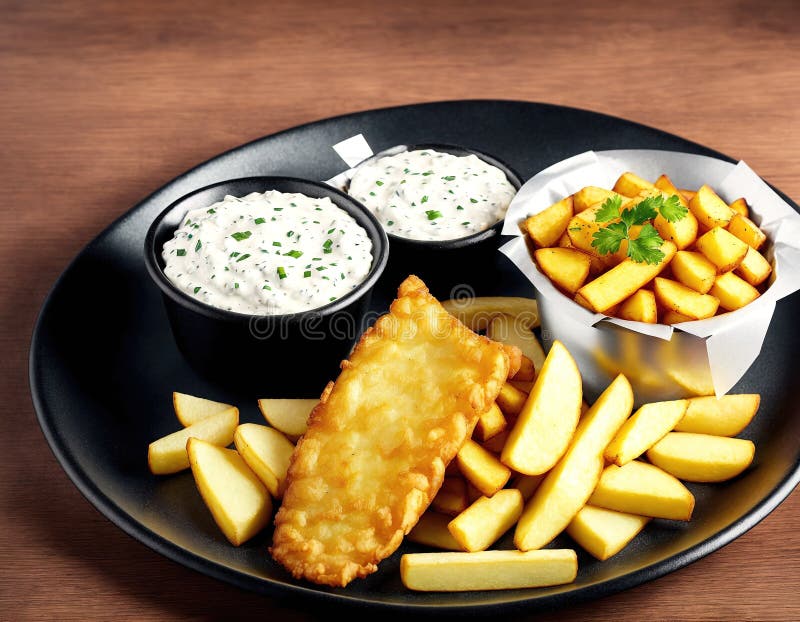 A Plate of Fish and Chips with Dipping Sauces on the Side. Stock Image