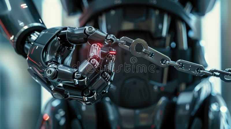 The image shows a robot restrained by chains, representing limitations in AI control and technology AIG62 vector illustration
