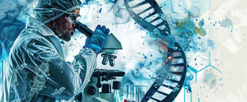 The image shows a scientist looking at a DNA strand through a microscope. The scientist is wearing a lab coat and safety goggles. The background is a blue and white blur. The image is. Code division stock images, royalty-free photos and pictures