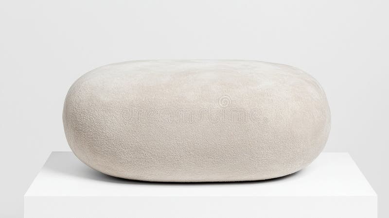 The image shows a single, off-white, oblong-shaped object resting on a white pedestal. The object has a slightly textured surface, giving it a subtle, almost fuzzy appearance. It is positioned centrally on the pedestal, which is placed against a plain white background. The object's off-white color and oblong shape create a minimalist aesthetic. Fuzzy surface stock images, royalty-free photos and pictures