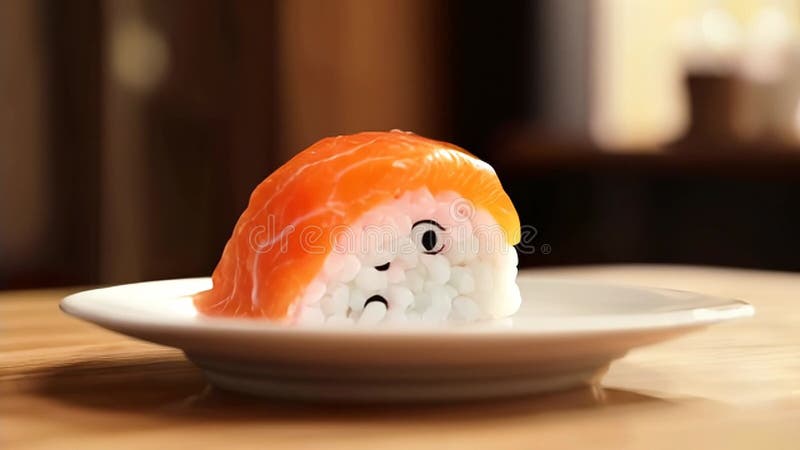 A close-up shot of a sushi roll with salmon on a white plate, featuring a cartoon face drawn on the rice, winking royalty free illustration