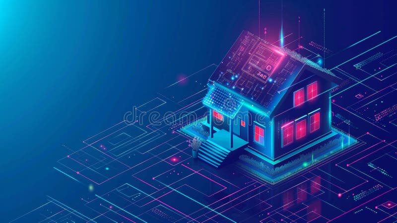 This image shows a smart home in an isometric design, consisting of digits. Cyber security of the internet of things in royalty free stock images