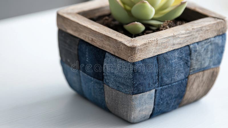 A small potted succulent sits in a wooden planter made from old blue denim. stock image