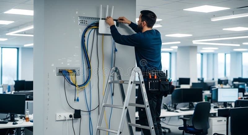 It technician installing network equipment at office royalty free illustration