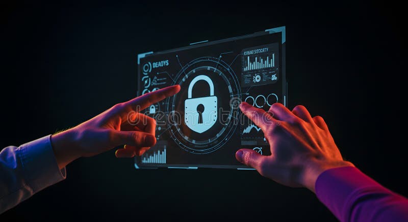 Hands interacting with a digital security interface featuring a padlock icon, royalty free stock photography.