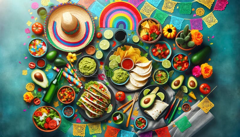 Tento obraz ukazuje stůl mexičan kuchyně slavnostní prvky jako sombrera, zdůrazňování dovolená duch.