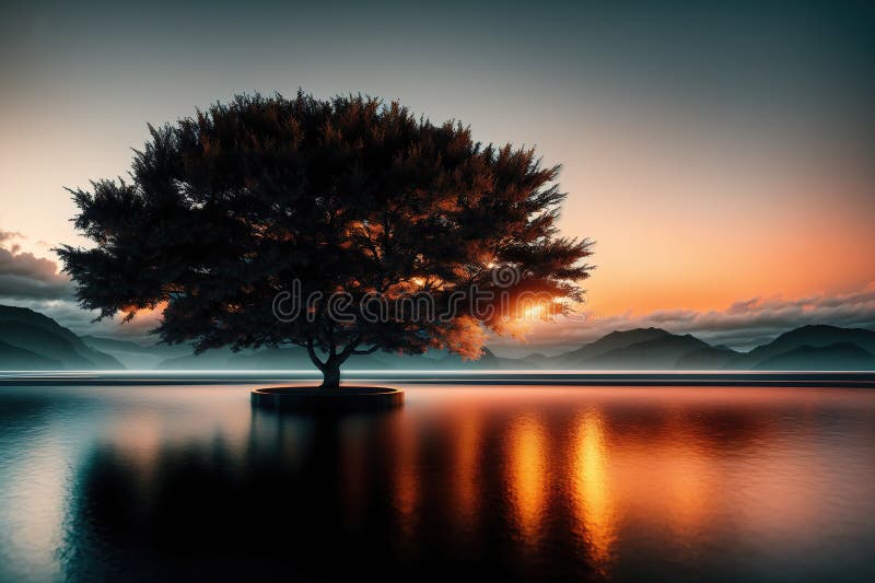 A lone tree standing on a small island in the middle of a lake at sunset. royalty free stock photography
