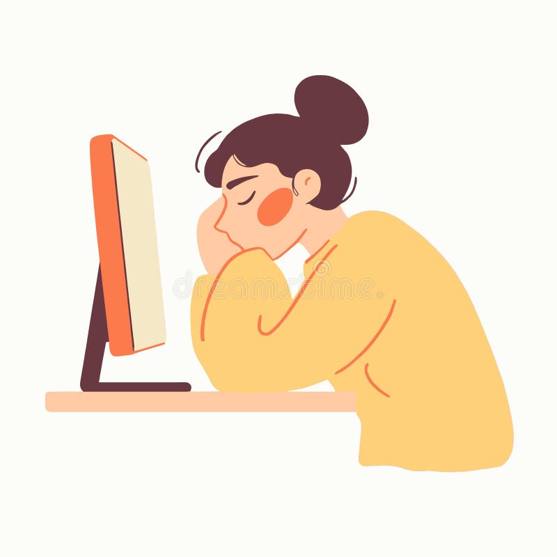 Simple woman Resting head on palm staring at computer screen flar vector vector illustration