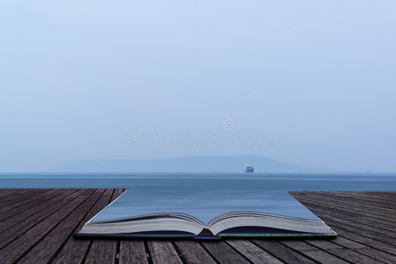 Image of single freight boat in open sea with vast open space co