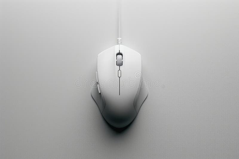 Image of a sleek, white mouse placed centrally on a minimalist grey surface. The design emphasizes simplicity and functionality royalty free illustration