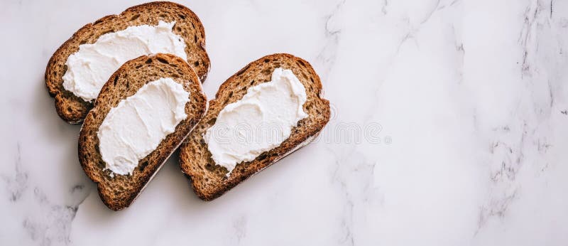 Image of sliced bread with creamy cream cheese spread on a white marble surface. Creative banner. Photocopyspace. royalty free illustration