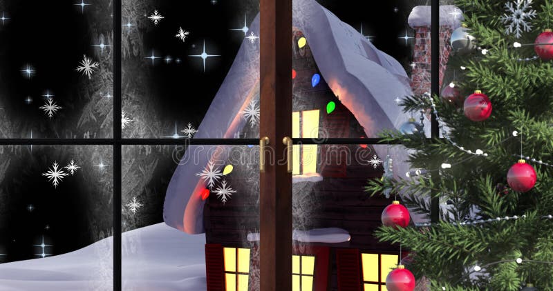 Image of snow falling over christmas tree with window and house stock illustration