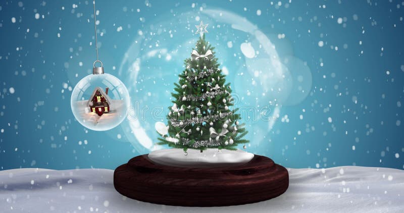 Image of snow globe with christmas tree and christmas bauble with house over snow falling royalty free illustration
