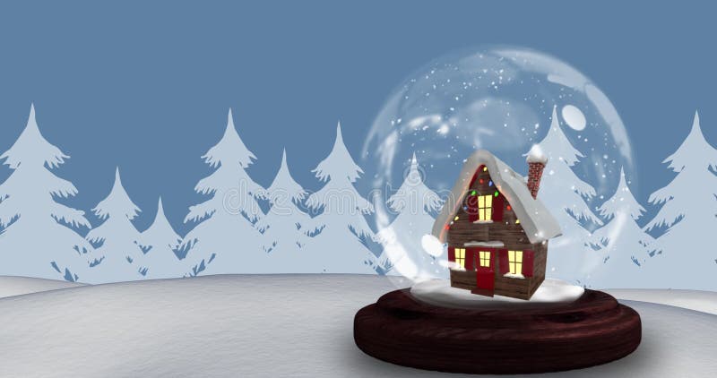 Image of snow globe with house and snow falling over winter scenery on blue background
