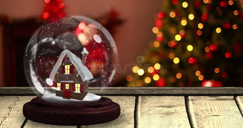 Image of snow globe with house on wooden table over christmas tree vector illustration