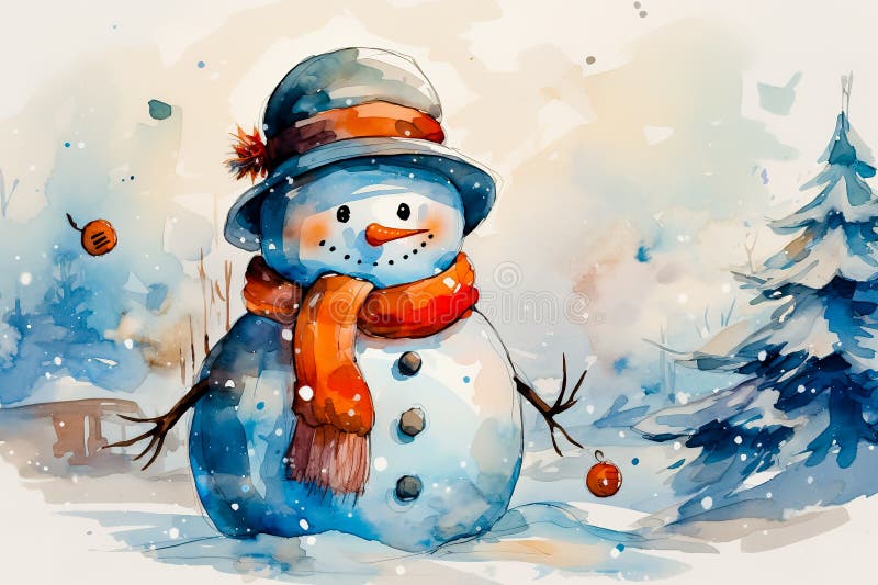 An image of a snowman wearing a Christmas hat, in the style of colorful ink wash paintings. Generative AI