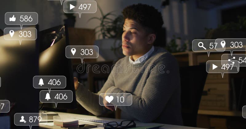 Image of social media data processing over biracial businessman on image call stock image