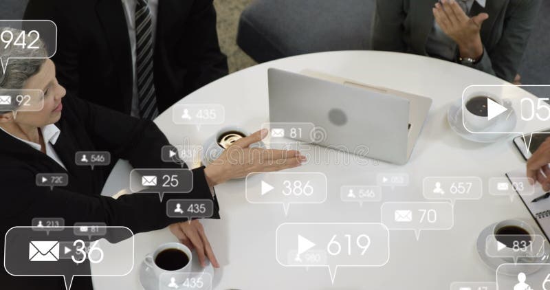 Image of social media data processing over diverse business people in office royalty free illustration