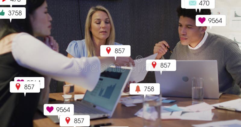 Image of social media data processing over diverse business people in office royalty free stock image