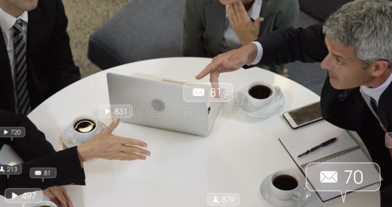Image of social media data processing over diverse business people in office vector illustration