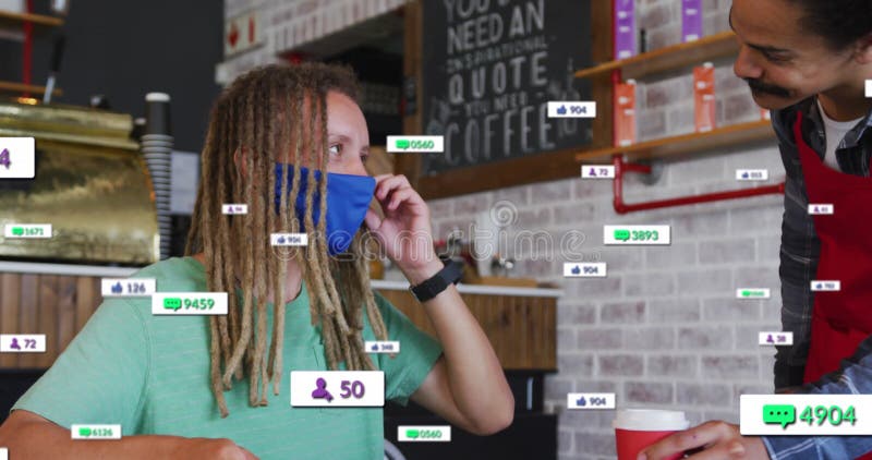 Image of social media data processing over diverse people in cafe stock images