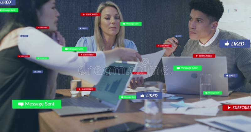 Image of social media icons with texts over diverse business people royalty free illustration