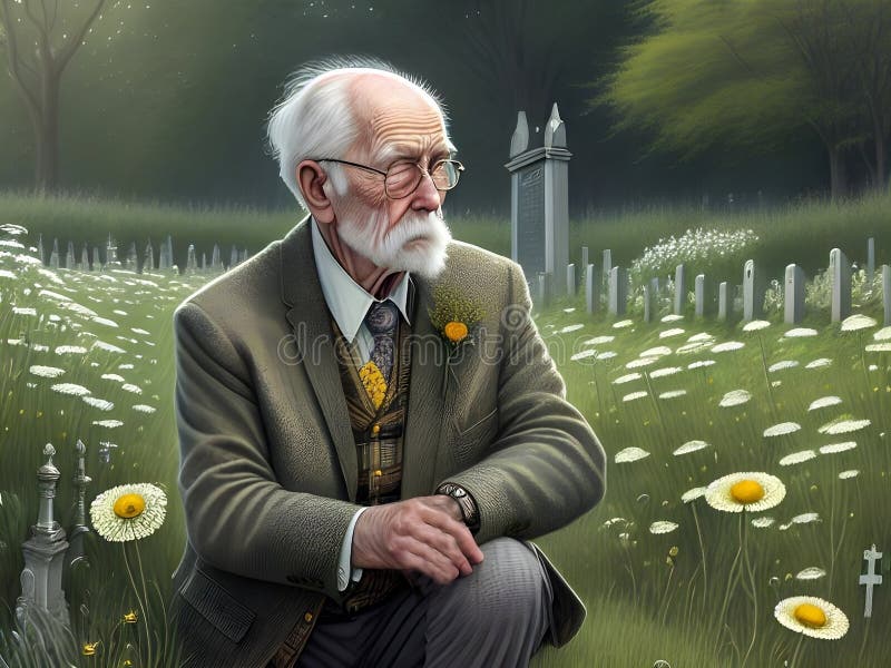 Image of Someone Kneeling by a Grave in an Overgrown Garden Mourning