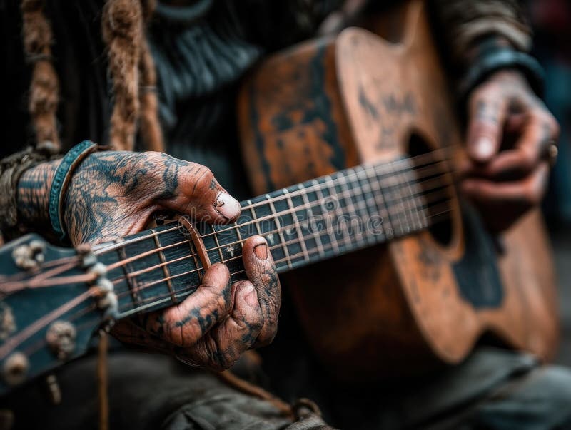 An image of someone playing a guitar passionately stock photography