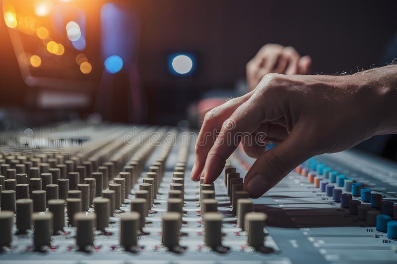 Image Sound Engineer Adjusting Knobs on Mixing Desk, Music Production