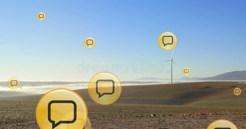 Image of speech bubble icons over windmills on field against clear sky vector illustration