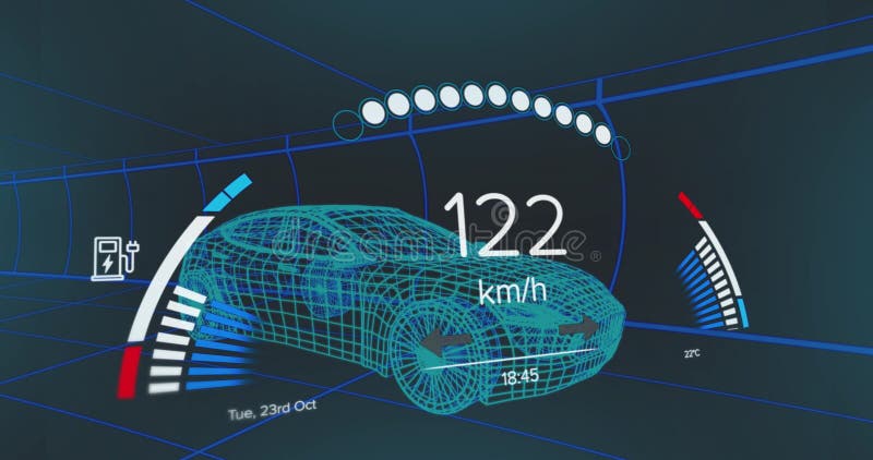 Image of speedometer data processing over 3d car drawing in background royalty free illustration