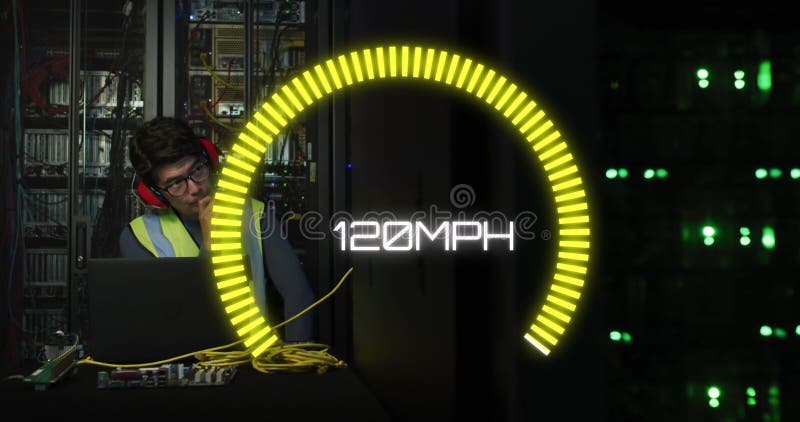 Image of speedometer over biracial man using laptop in server room vector illustration