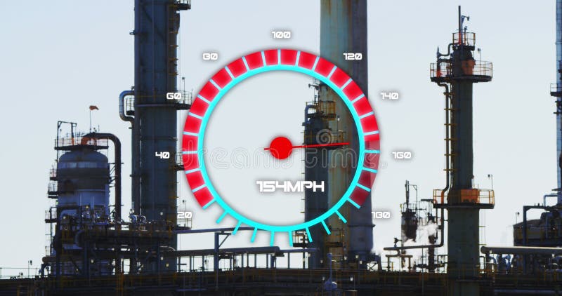Image of speedometer over refinery royalty free illustration