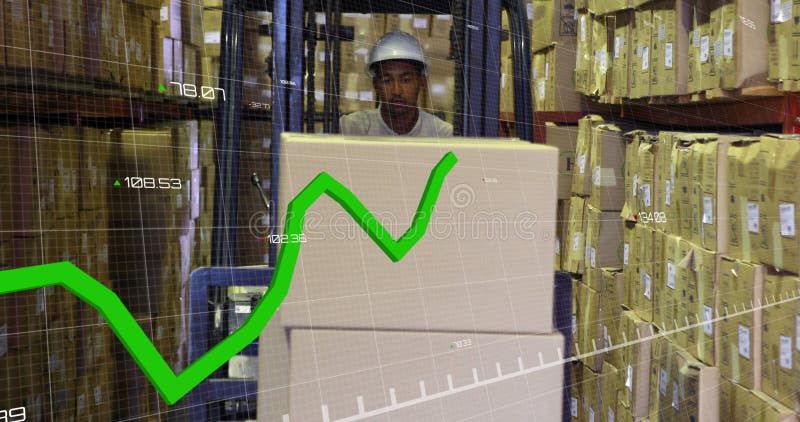 Image of statistical data processing over biracial male worker operating forklift at warehouse royalty free stock photo