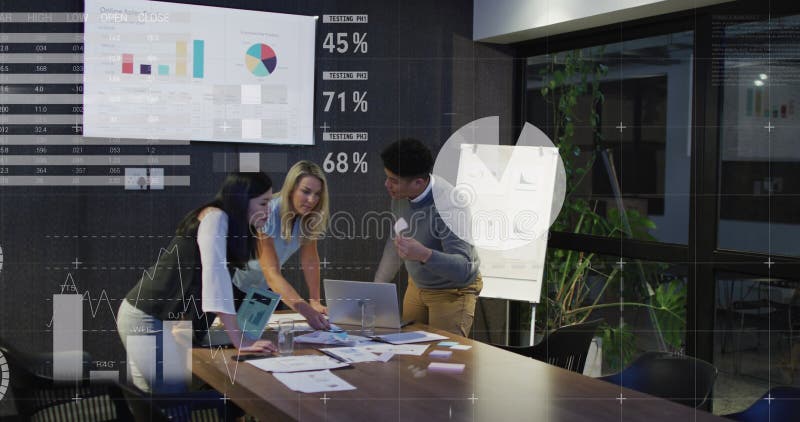 Image of statistical data processing over diverse colleagues discussing together at office stock image
