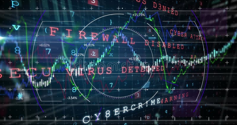 Image of statistics recording with cyber attack warning text over grid royalty free stock image