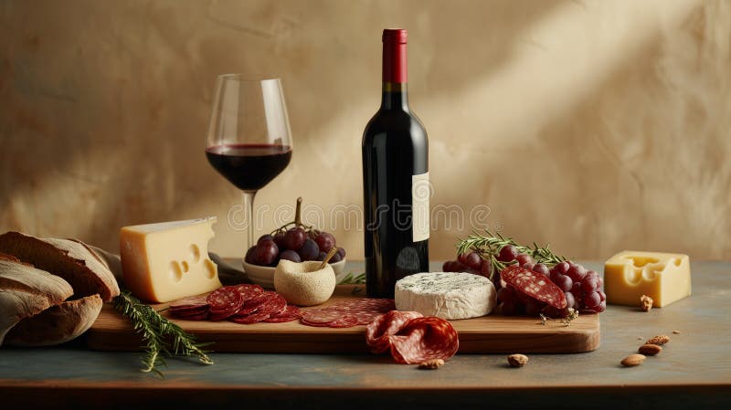 This image, taken with a professional camera, features a commercial still life of wine, glass, cheese, and charcuterie, highlighted by their matte finishes. Monochromatic colors and warm, yellow-tinged lighting create clear shadows, enhancing the romantic and editorial feel. A colored matte paper floor underlines the sophisticated art direction. This image, taken with a professional camera, features a commercial still life of wine, glass, cheese, and charcuterie, highlighted by their matte finishes. Monochromatic colors and warm, yellow-tinged lighting create clear shadows, enhancing the romantic and editorial feel. A colored matte paper floor underlines the sophisticated art direction